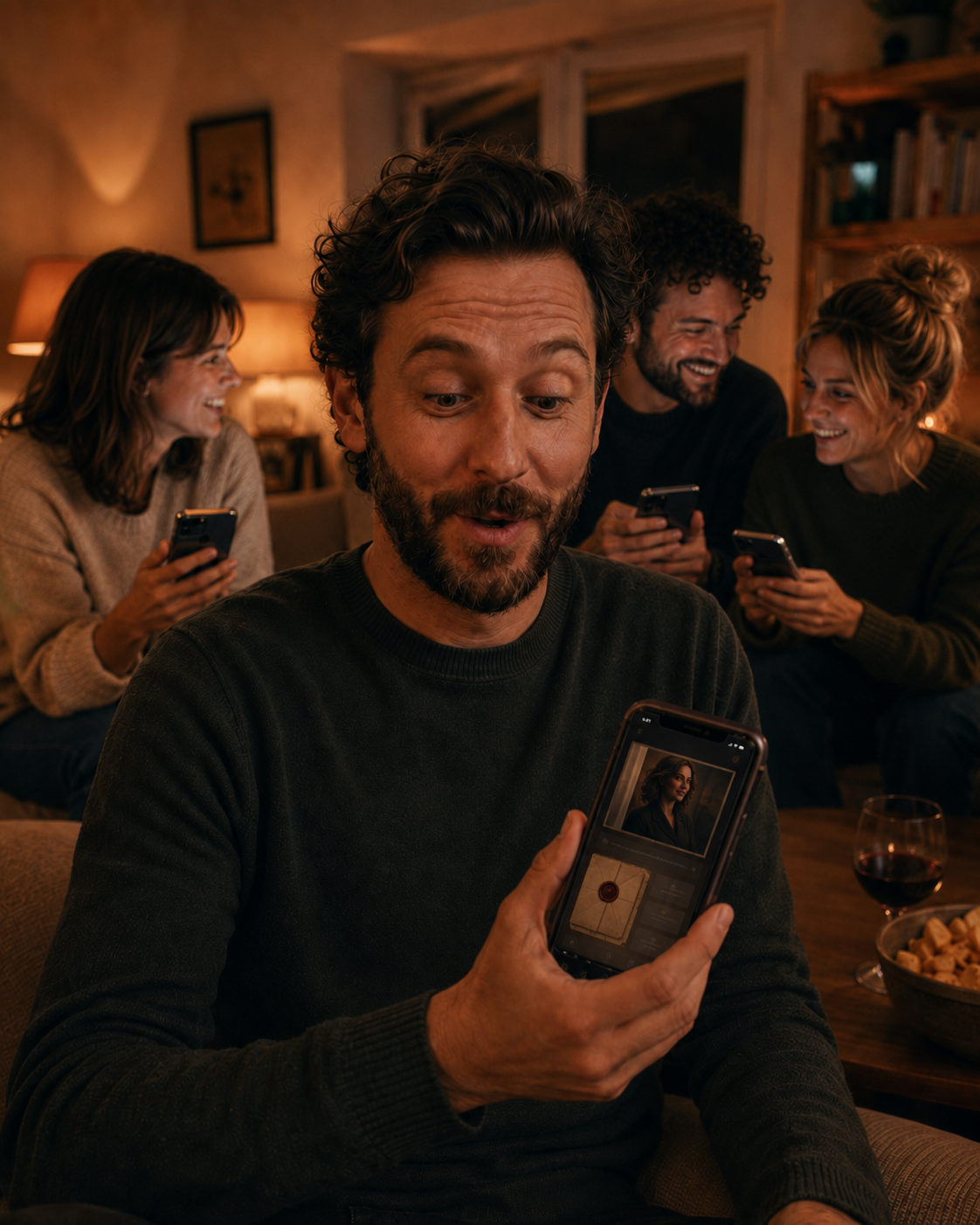 Un joueur découvre son personnage sur son téléphone
